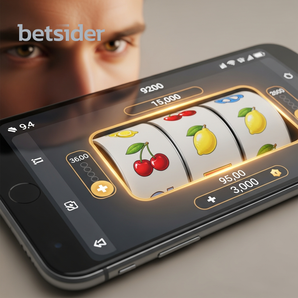 Close-up of a person playing a slot machine game on a phone.